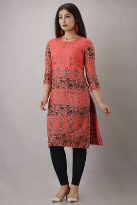 Peach Printed Rayon Ethnic Kurtis 3