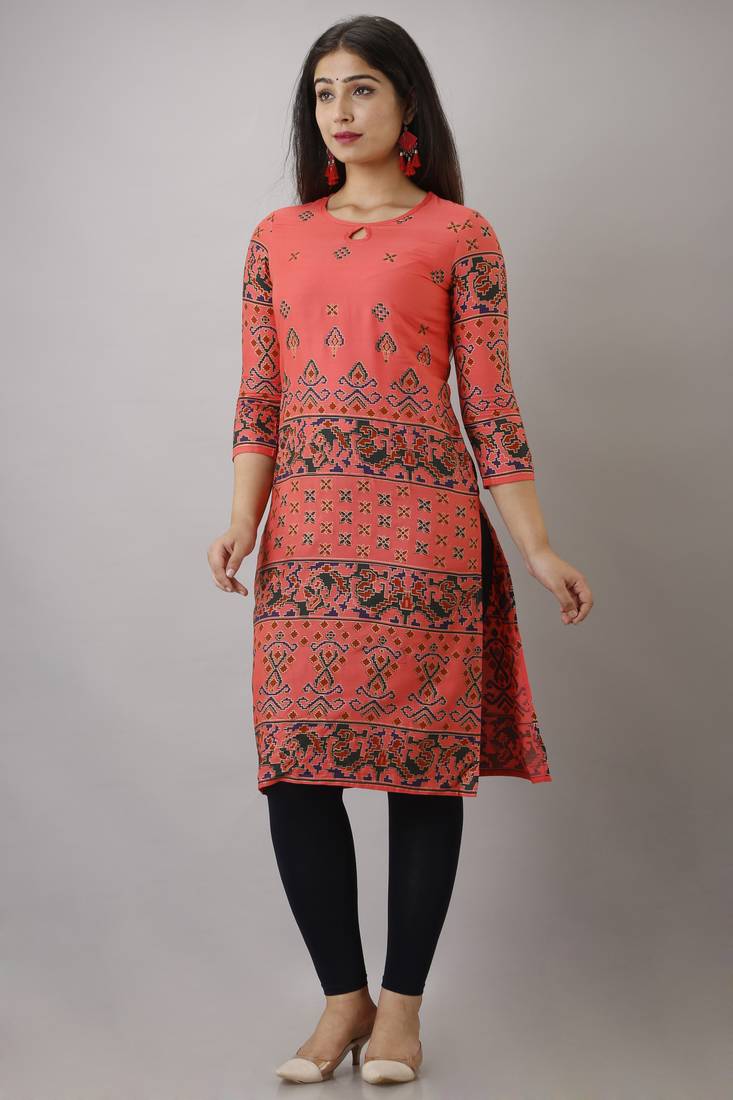 Peach Printed Rayon Ethnic Kurtis