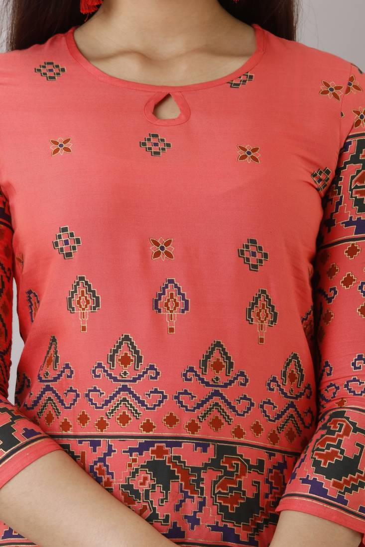 Peach Printed Rayon Ethnic Kurtis
