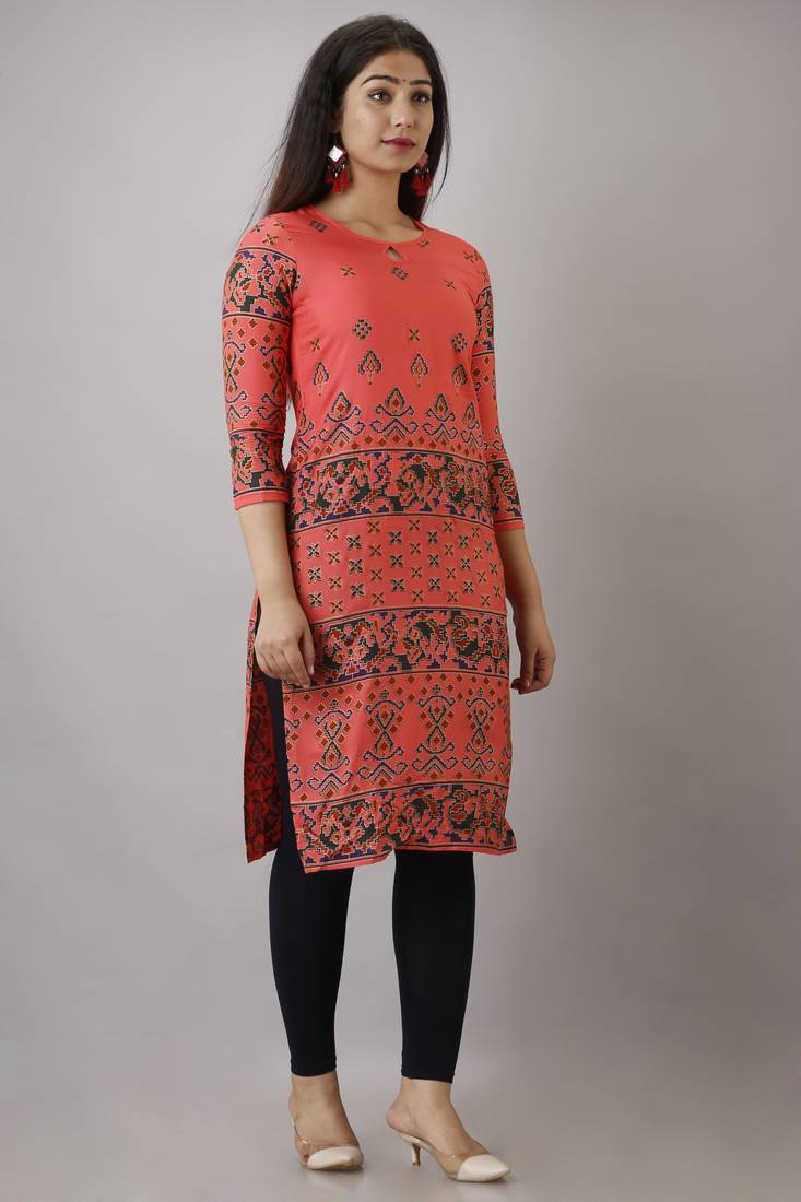 Peach Printed Rayon Ethnic Kurtis