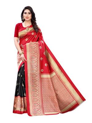 Red printed poly silk saree with blouse 1