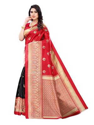 Red printed poly silk saree with blouse 2