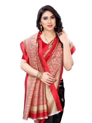 Red printed poly silk saree with blouse 3