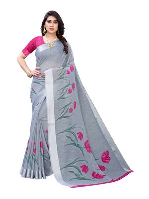 Grey printed cotton poly saree with blouse 1