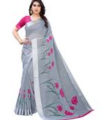 Grey printed cotton poly saree with blouse