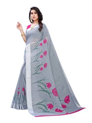 Grey printed cotton poly saree with blouse 2