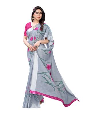 Grey printed cotton poly saree with blouse 3