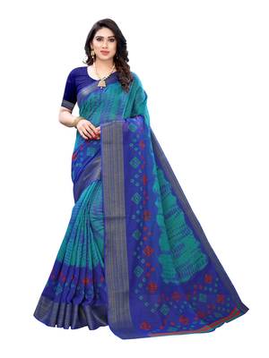 Green printed cotton poly saree with blouse 1