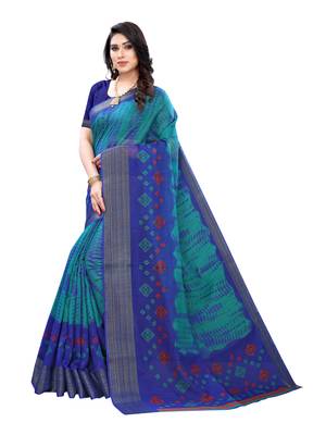 Green printed cotton poly saree with blouse 2