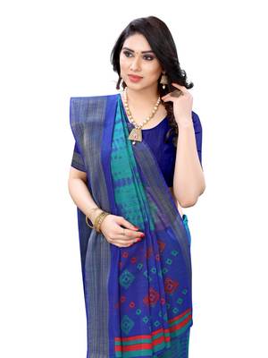 Green printed cotton poly saree with blouse 3