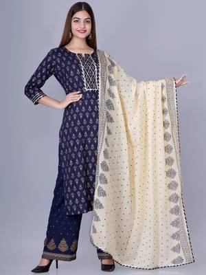 Women's Navy Blue Foil Printed Embellished Straight Kurta with Palazzo and Dupatta Set (Set of 3) 1