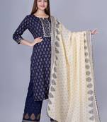 Women's Navy Blue Foil Printed Embellished Straight Kurta with Palazzo and Dupatta Set (Set of 3)