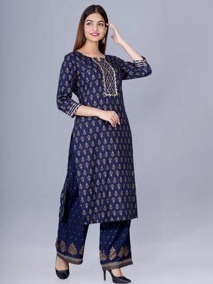 Women's Navy Blue Foil Printed Embellished Straight Kurta with Palazzo and Dupatta Set (Set of 3) 2