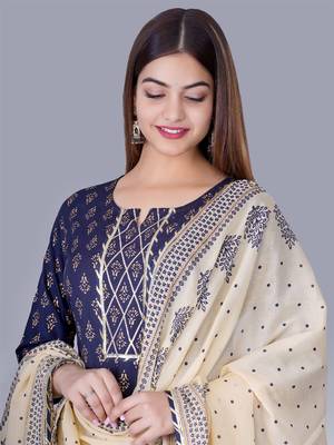 Women's Navy Blue Foil Printed Embellished Straight Kurta with Palazzo and Dupatta Set (Set of 3) 3