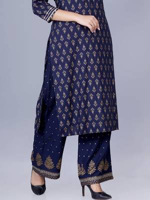 Women's Navy Blue Foil Printed Embellished Straight Kurta with Palazzo and Dupatta Set (Set of 3) 4
