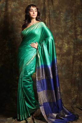 Aqua blue woven tussar silk saree with blouse 1
