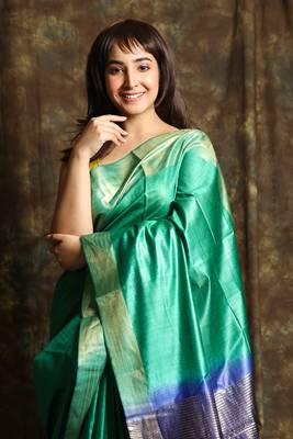 Aqua blue woven tussar silk saree with blouse 4