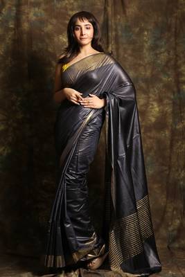 Charcoal woven tussar silk saree with blouse 1
