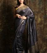 Charcoal woven tussar silk saree with blouse