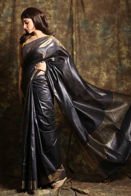Charcoal woven tussar silk saree with blouse 2