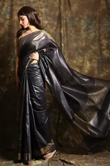 Charcoal woven tussar silk saree with blouse