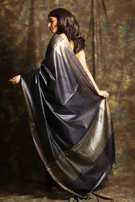 Charcoal woven tussar silk saree with blouse 3