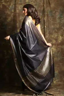Charcoal woven tussar silk saree with blouse
