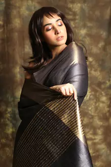 Charcoal woven tussar silk saree with blouse