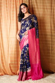 Navy blue woven silk blend saree with blouse
