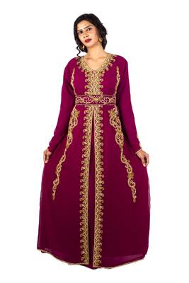 Wine Moroccan Kaftan With Sun-proof hijab 1