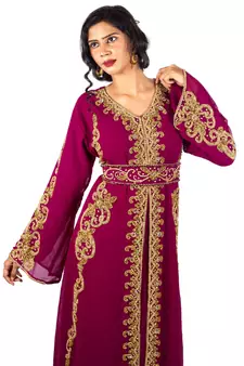 Wine Moroccan Kaftan With Sun-proof hijab