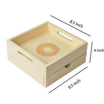 Hand Painted Wooden Off-White Serving Tray With Drawer for Dining Table Kitchen Decor Trays 4