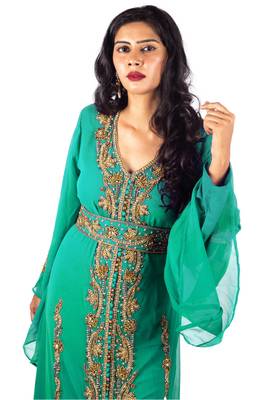 Opulent Emerald Green Kaftan Gown with Gold Zari & Crystal Work | Luxury Event Dress 1