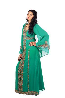 Opulent Emerald Green Kaftan Gown with Gold Zari & Crystal Work | Luxury Event Dress 2