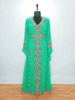 Opulent Emerald Green Kaftan Gown with Gold Zari & Crystal Work | Luxury Event Dress 3