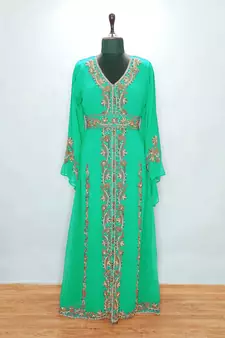 Opulent Emerald Green Kaftan Gown with Gold Zari & Crystal Work | Luxury Event Dress