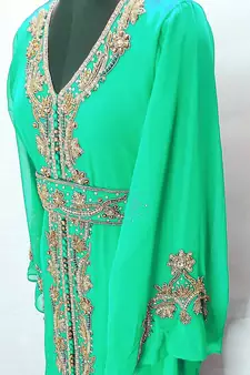 Opulent Emerald Green Kaftan Gown with Gold Zari & Crystal Work | Luxury Event Dress