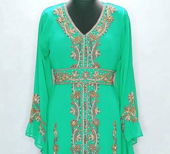 Opulent Emerald Green Kaftan Gown with Gold Zari & Crystal Work | Luxury Event Dress 5