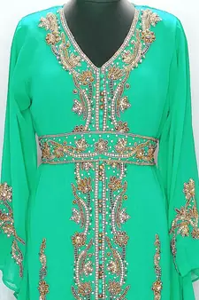 Opulent Emerald Green Kaftan Gown with Gold Zari & Crystal Work | Luxury Event Dress
