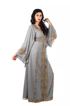 Light Grey Moroccan Kaftan with Gold & Copper Beadwork | Luxury Event Dress