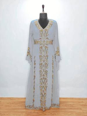 Light Grey Moroccan Kaftan with Gold & Copper Beadwork | Luxury Event Dress 3