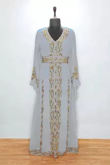 Light Grey Moroccan Kaftan with Gold & Copper Beadwork | Luxury Event Dress