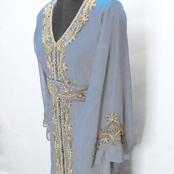 Light Grey Moroccan Kaftan with Gold & Copper Beadwork | Luxury Event Dress 4
