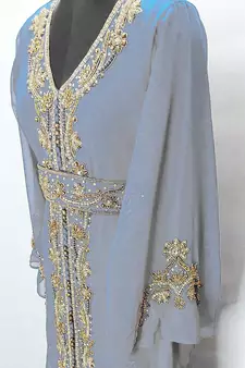 Light Grey Moroccan Kaftan with Gold & Copper Beadwork | Luxury Event Dress