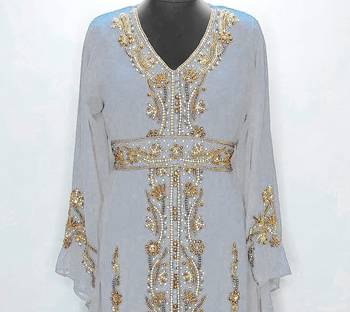 Light Grey Moroccan Kaftan with Gold & Copper Beadwork | Luxury Event Dress 5