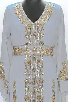 Light Grey Moroccan Kaftan with Gold & Copper Beadwork | Luxury Event Dress