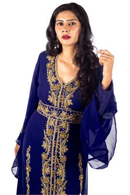 Navy Blue Copper beads Moroccan Kaftan With Sun-proof hijab 1