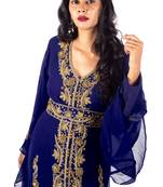 Navy Blue Copper beads luxurious Moroccan Kaftan With Sun-proof hijab.