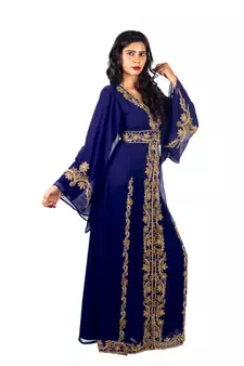 Navy Blue Copper beads Moroccan Kaftan With Sun-proof hijab