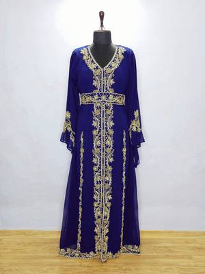 Navy Blue Copper beads Moroccan Kaftan With Sun-proof hijab 3